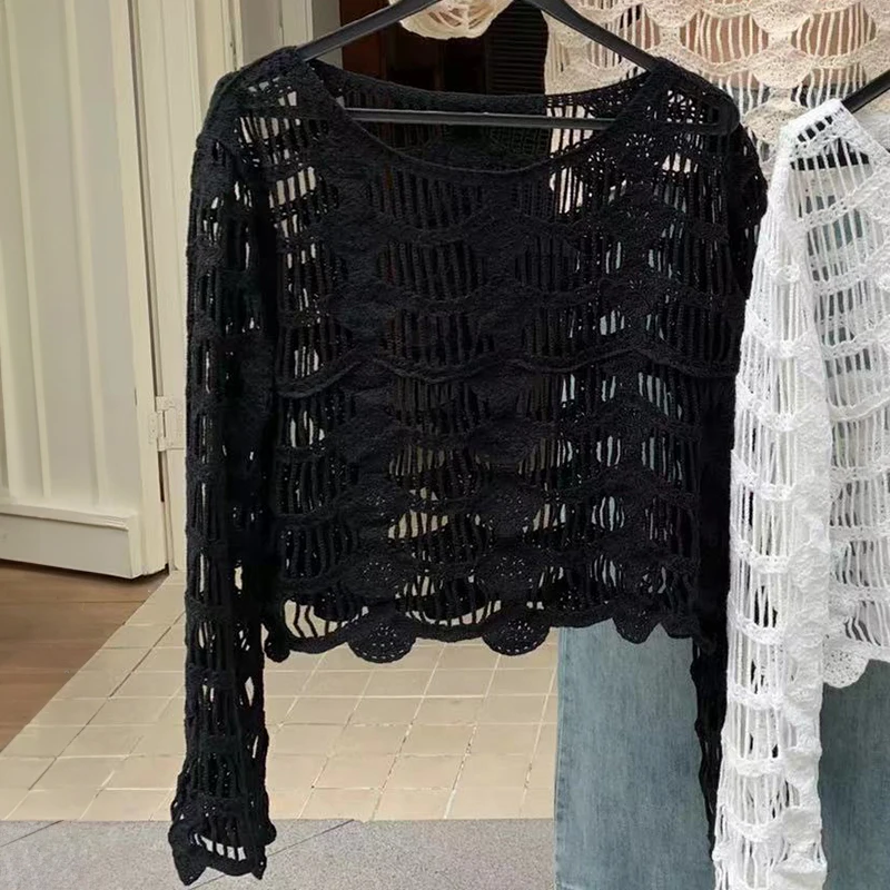 Pull en tricot amissié transparent à manches longues pour femmes, haut au crochet, pull évidé, tenue de plage de vacances Boho, printemps, été