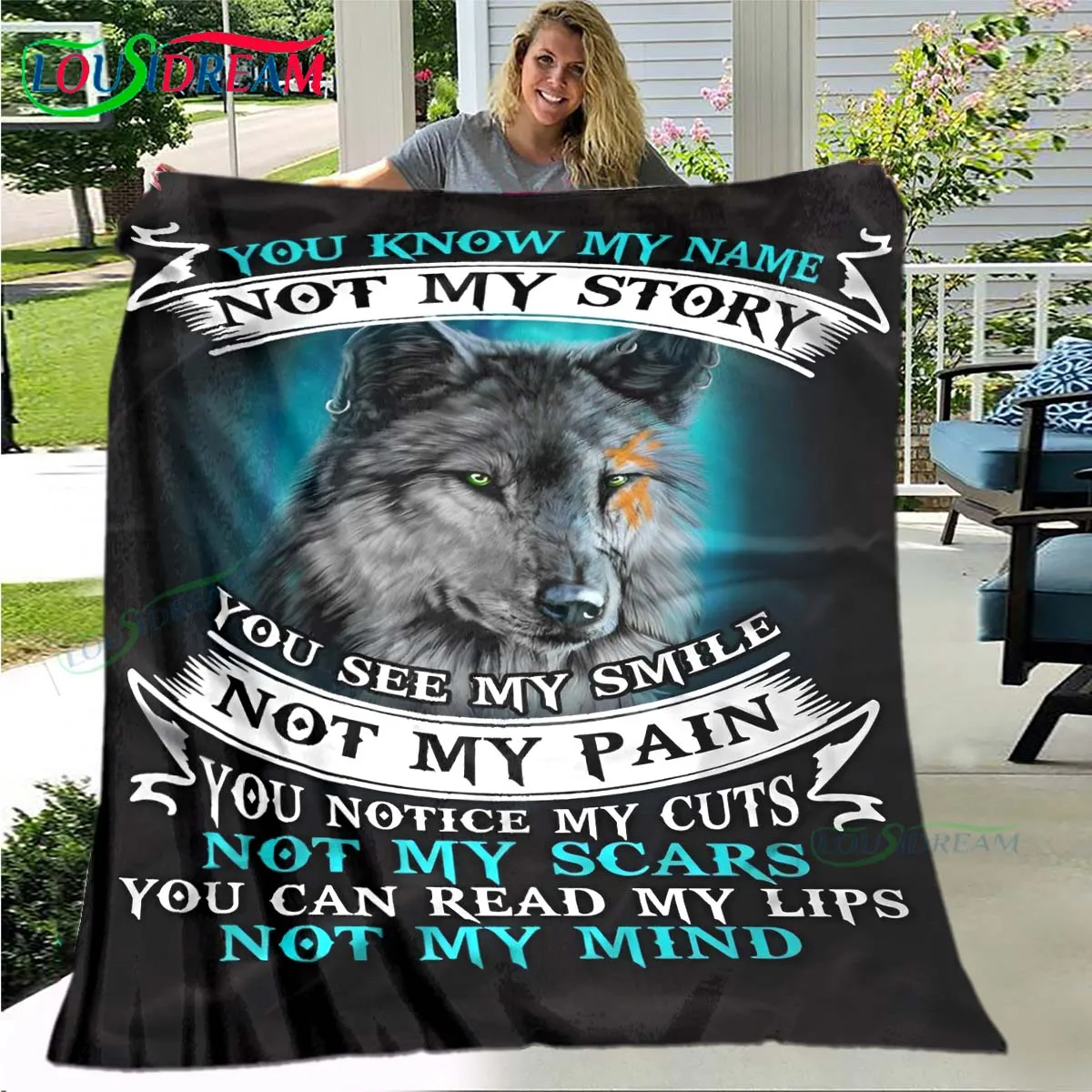 

Hot ！Wolf Inspirational Language Painting Blanket Flannel Thin Blanket Portable Home Travel Office Lunch Break Blanket Gift