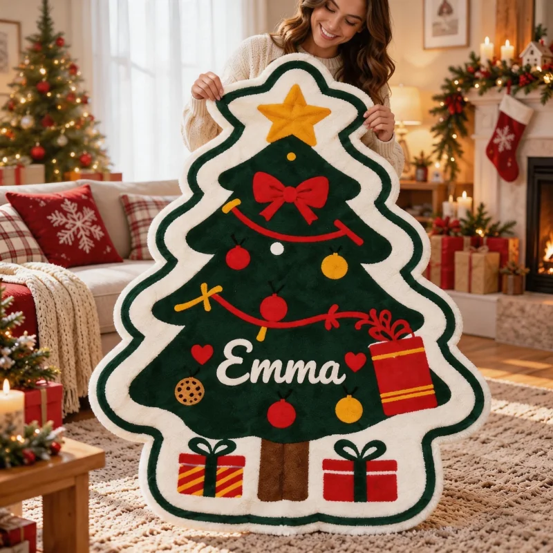 Custom Shaped Throw Blanket Personalized Name Design Christmas Tree Theme Decor Sofa Throw Covers Gifts for Parents and Children