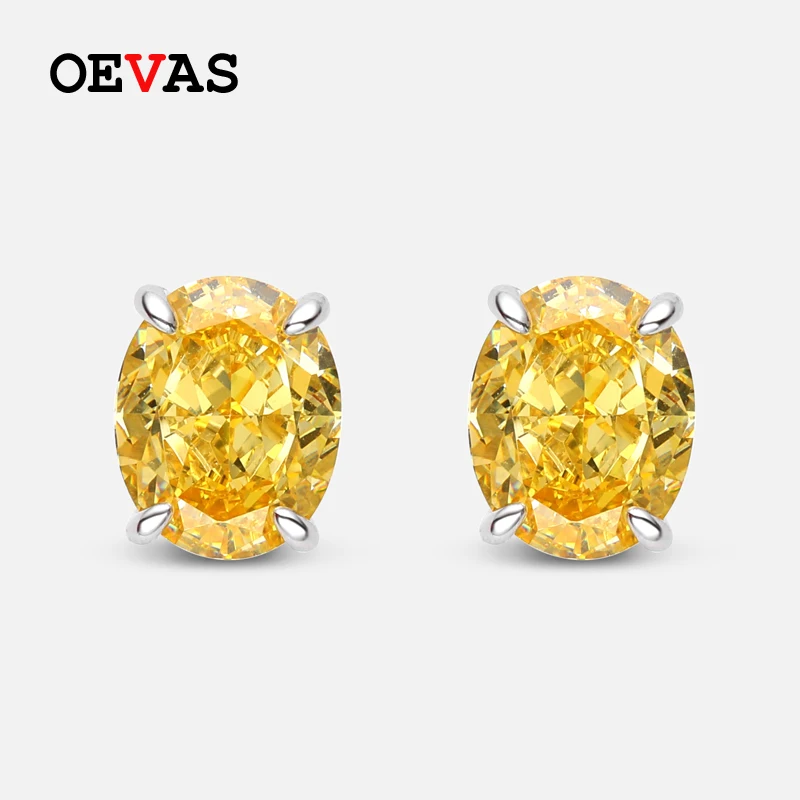 OEVAS 100% 925 Sterling Silver 8*10mm Oval High Carbon Diamond Stud Earrings Pink Yellow 5A Zircon Wedding Party Fine Jewelry