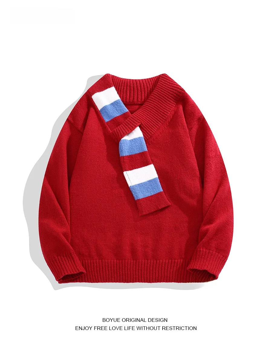 

Boyue Red Cisas Color Blo Knitted Scarf V-Ne Men's Women's Sweater Casual Loose Fit Long Sve Winter Faion