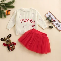 Suefunskry Toddler Girl Christmas Outfits Letter Embroidery Crew Neck Long Sleeve Sweater Top and Tulle Mini Skirt Fall 2Pcs Set