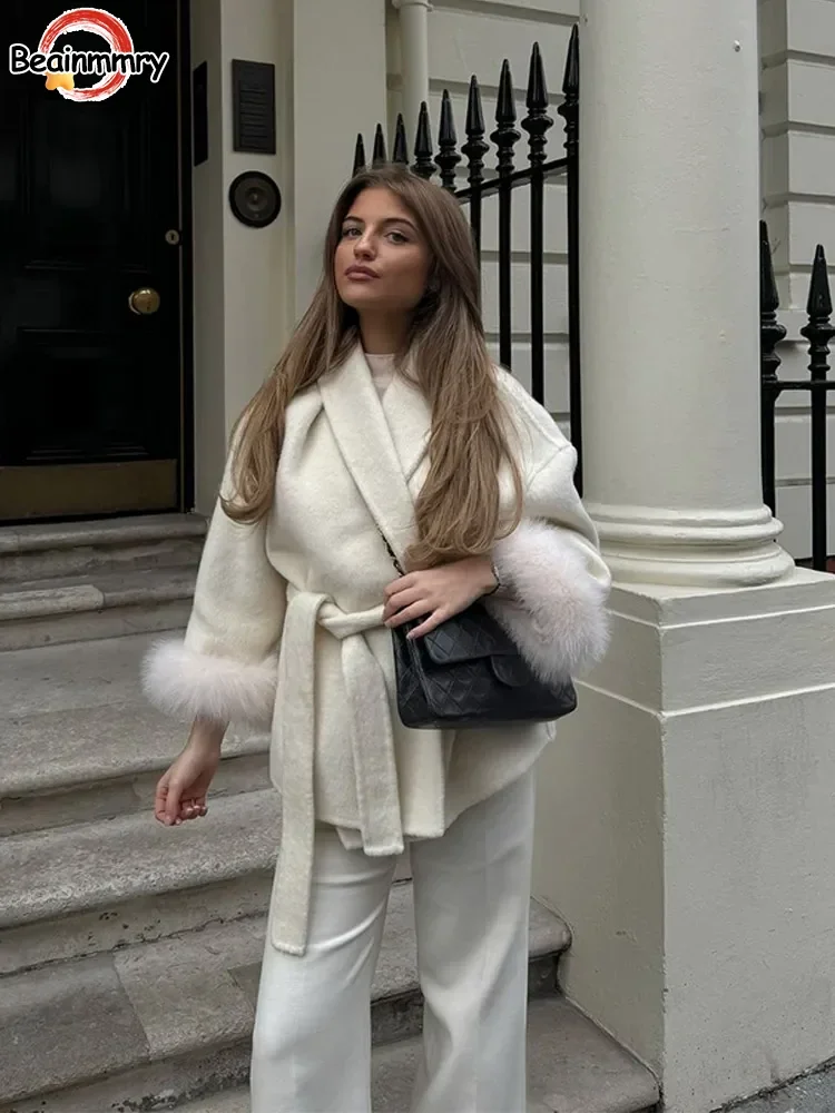 Chaqueta de lana con puños de piel sintética desmontable para mujer, abrigo elegante de manga larga con solapa y cordones, color blanco, prendas de vestir exteriores de otoño 2024