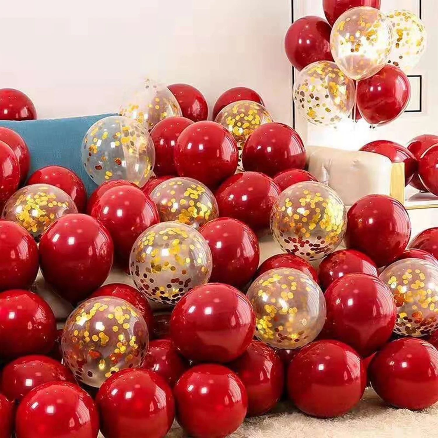 30pcs/pack gold glitter double-layer red pomegranate heart balloon set suitable for weddings, proposals, birthdays, graduation