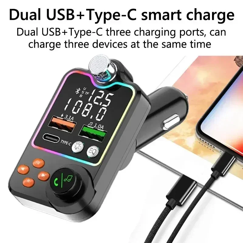 Car Bluetooth-compatible 5.0 FM Transmitter One Key Bass Mp3 Player Large Microphone USB Music Play USB3.0 PD Quick Charger