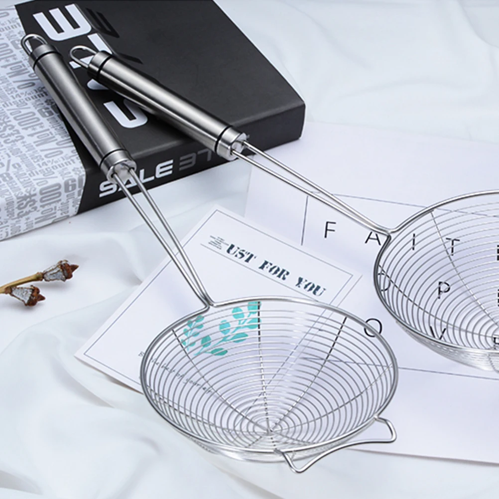 

Stainless Steel Skimmer Spoon Fry Oil Mesh Strainer Large Round Slotted Ladle Deep Wire Basket Long Handle Hanging Hook Safe