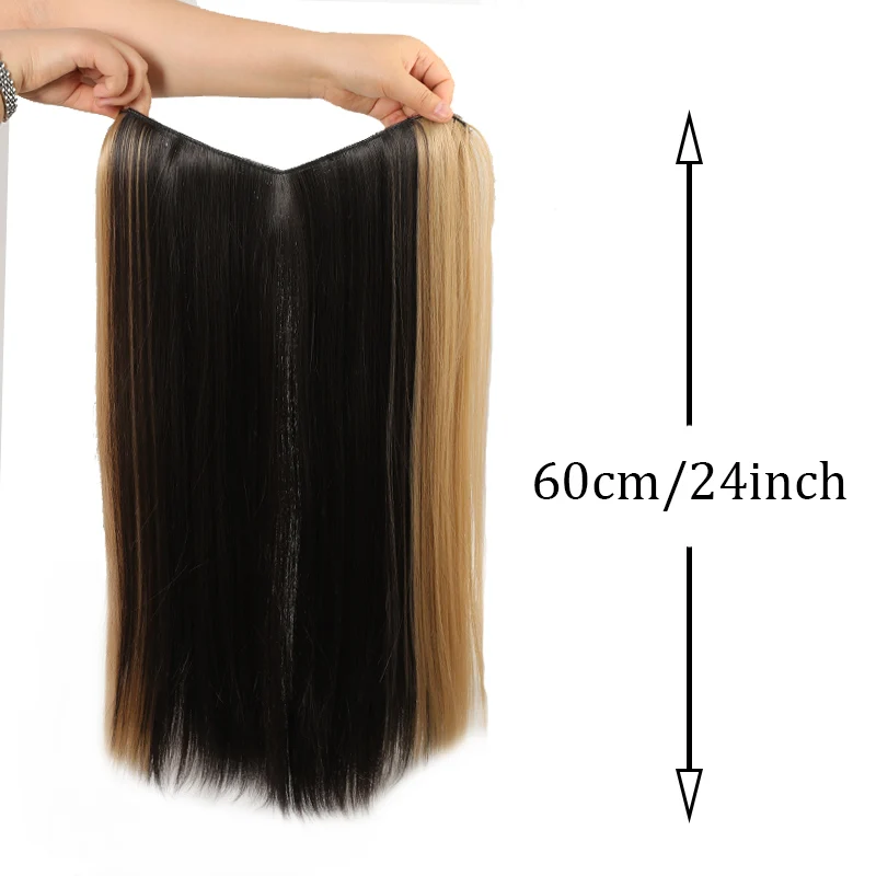 Patch de peruca em forma de V com orelha única para mulheres, cabelo liso longo, invisível natural e sem costuras, cabelo pintado com mancha