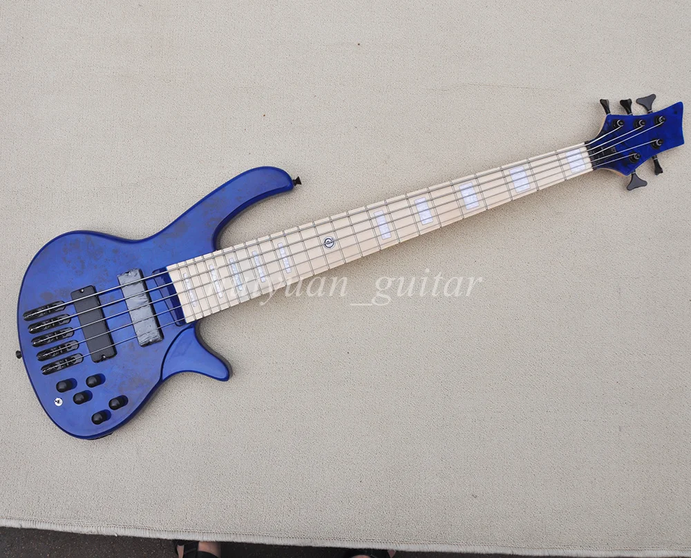 Flyoung 5 Strings Blue ASH Active Electric Bass Guitar with Maple Fretboard 24 Frets 19 mm Strings Distance