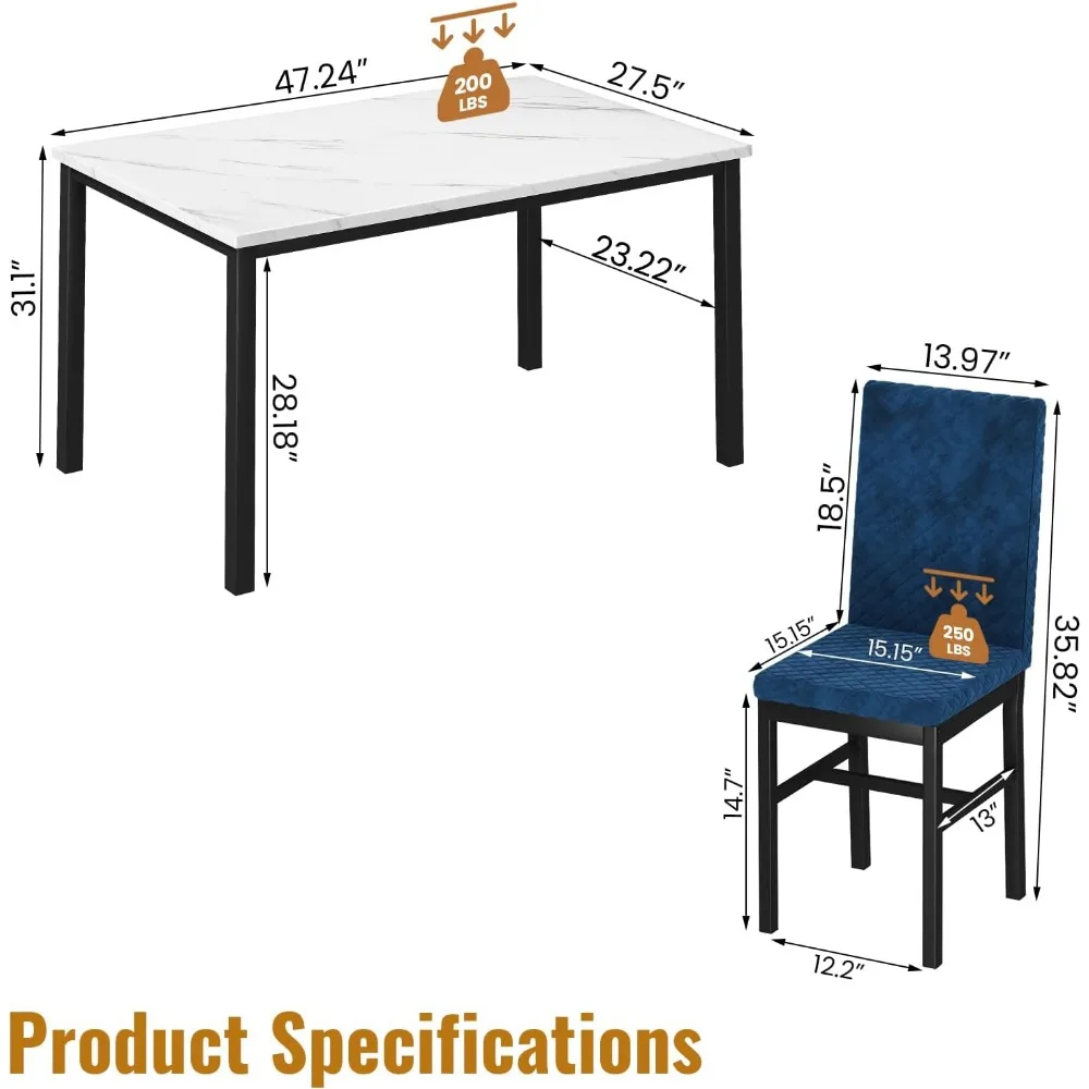 Dining Table Set for 4, Faux Marble Dinings Room Tables with 4 Velvet Upholstered Dining Chairs, Kitchen Table and Chairs Set