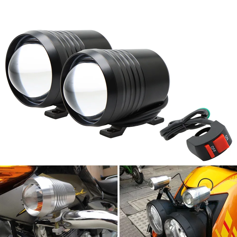 

2PCS LED Motorcycles Spotlight Auxiliary Fog Light Motorbike Headlamp 6000K White lighting flash Front Light 12-80V with Switch
