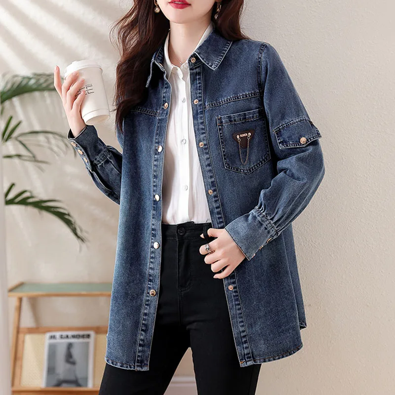 New Denim Blouse Women Coat Vintage Loose Single Breasted Lapel Jean Shirt Female Spring 2024Washed Outwear Elegant Cowboy Tops