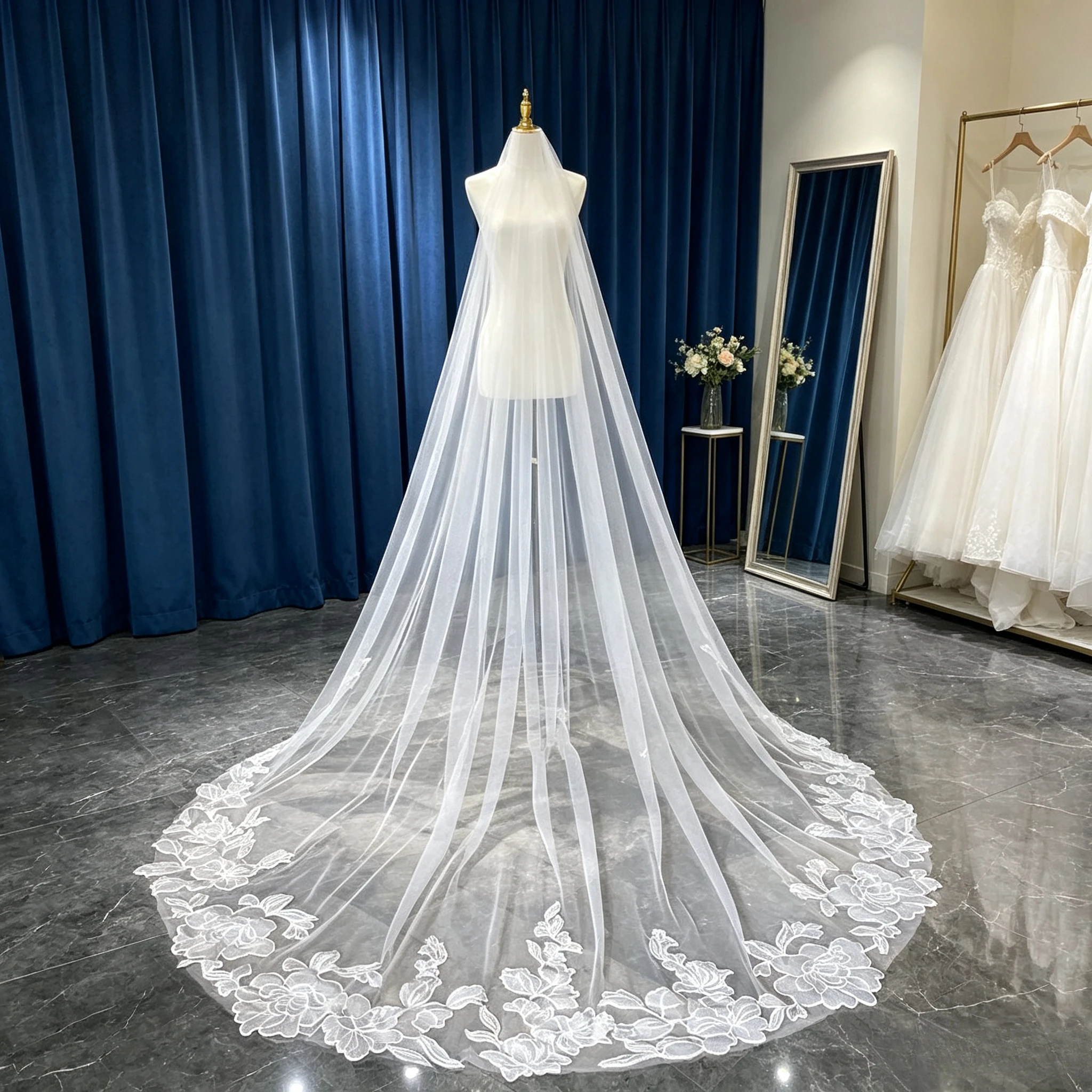 Large Embroidered Organza Flowers Floral Bridal Wedding Veils Cathedral Accessories Ivory Long Unique For Brides Customized
