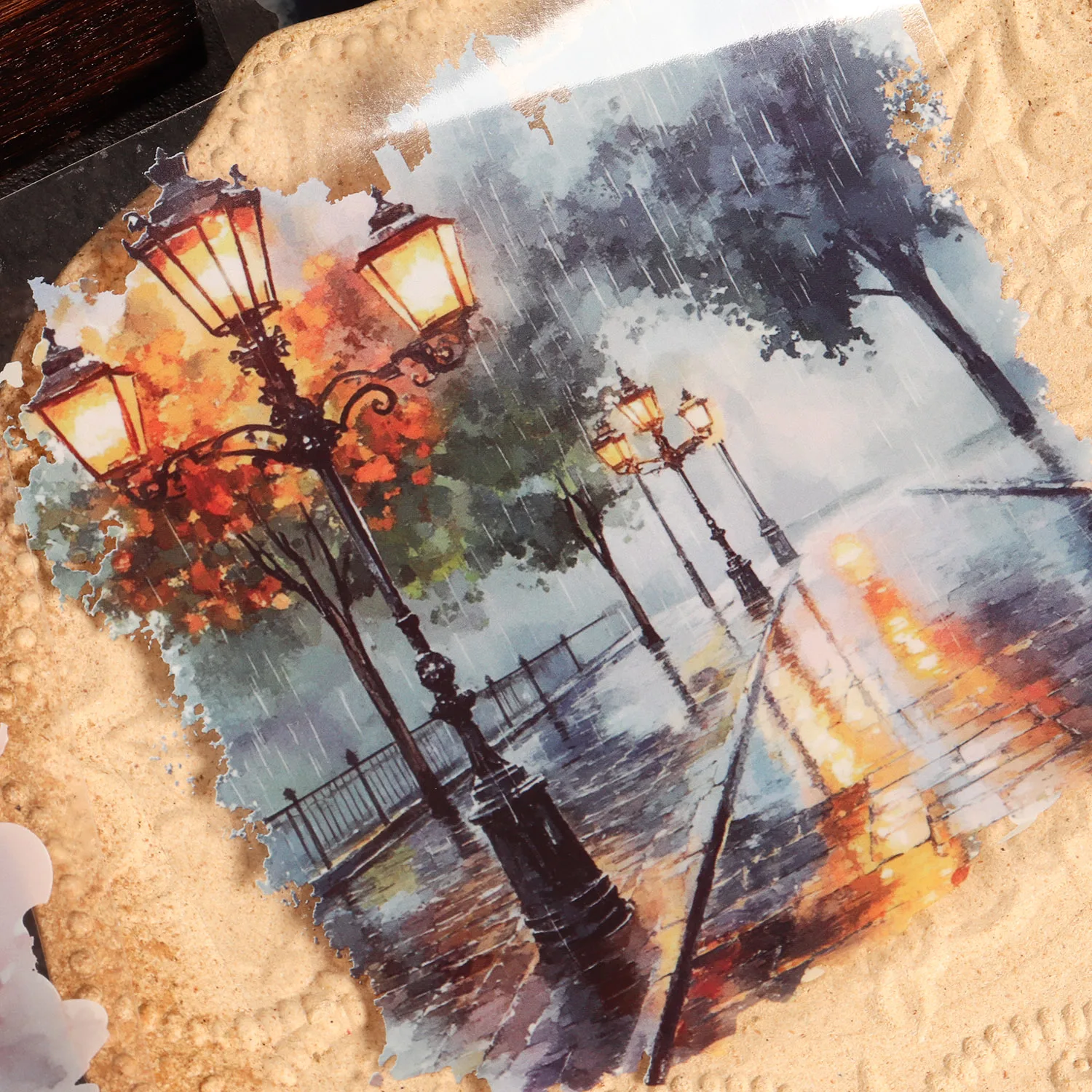 10 Blatt PET-Aquarell-Regenstraßen-großer selbstklebender Aufkleber, für Scrapbooking-Zubehör, DIY-Landschaftsbau – Detail 4