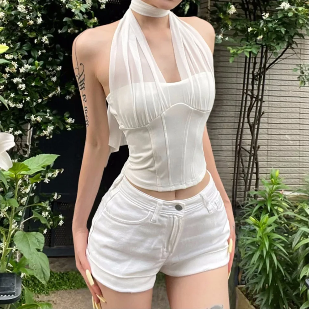 

Casual T Shirt Tees Blusas Sleeveless Tops Hot Girl Elegant Temperament Piglet Breast Backless Neck Halter Chiffon Piglet Breast