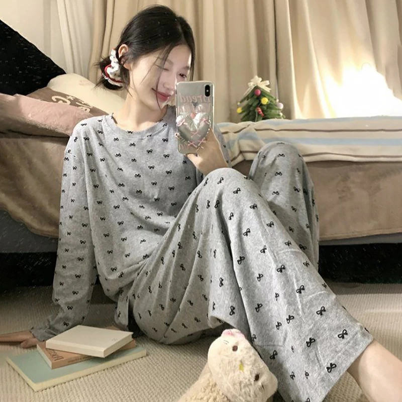 

Модный свободный домашний пижамный комплект с длинными рукавами и милым бантом для отдыха и женщин