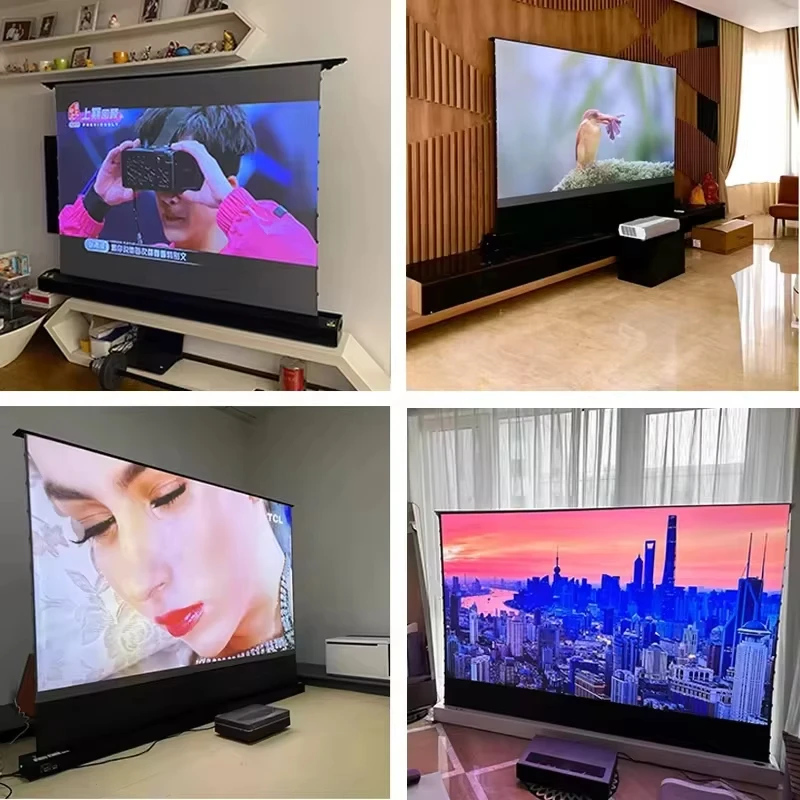 2025 100” T-Prism Video 4K Projector Screen Ultra Short Throw Floor Rising Motorized Projection Curtain Ambient Light Rejecting