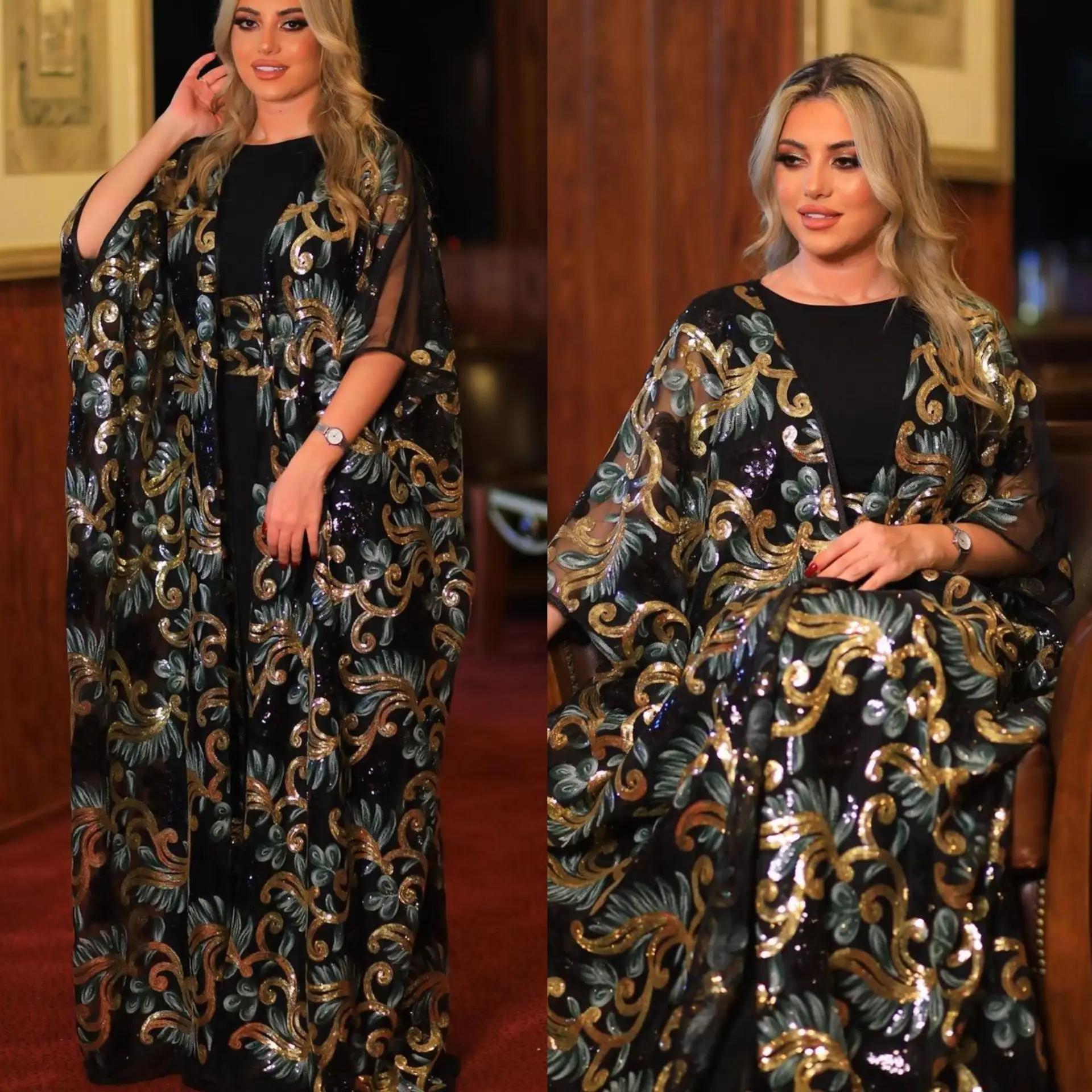 Saudi Moroccan Fashion Sequins Women 2 Pieces Set Sleeveless Under Dress and Kimono Overcoat with Sashes Dubai Abayas