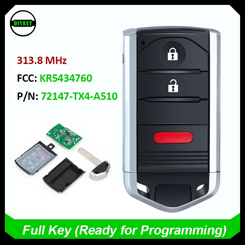 

DIYKEY Keyless Smart Remote Key 3 Button for Acura RDX 2013 2014 2015 313.8MHz ID46 Chip Fob FCC ID: KR5434760 72147-TX4-A510-M1