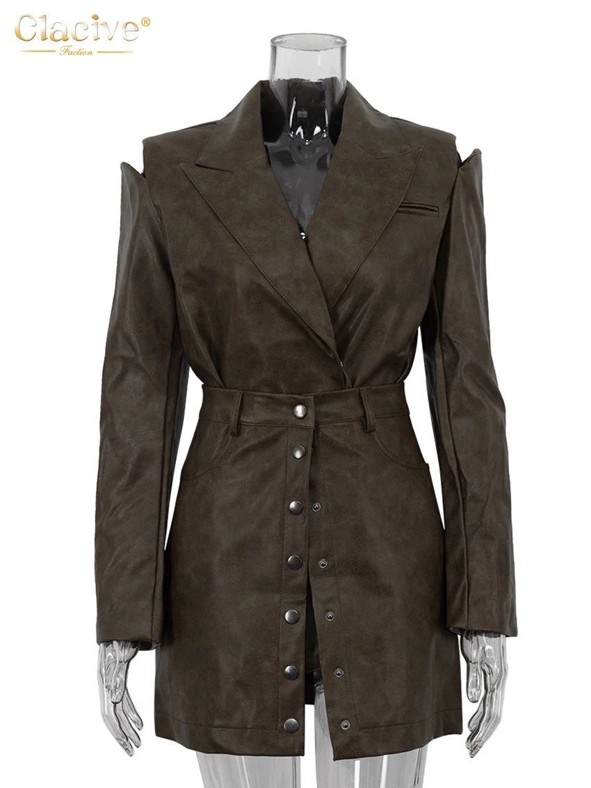 Clacive Fashion Loose Khaki Office Damski dwuczęściowy zestaw 2025 Elegancka marynarka z długim rękawem i mini spódniczką z wysoką talią dla kobiet — zdjęcie 6