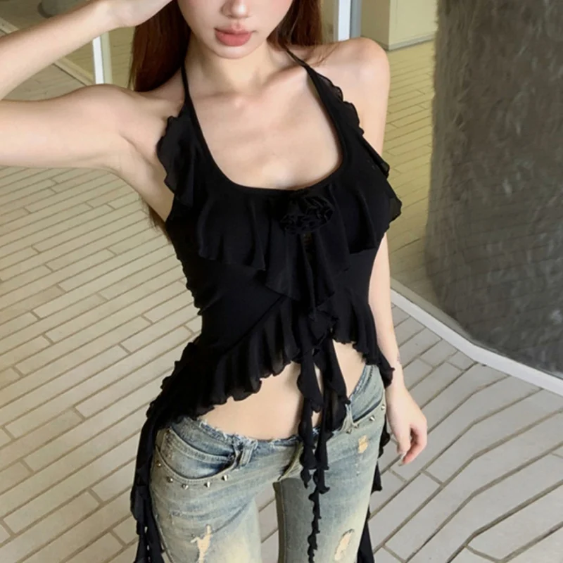 

Women Camis Halterneck Ruffles Design Unique Sexy Spicy Girls High Street Popular Ins Korean Fashion Solid Attractive Top