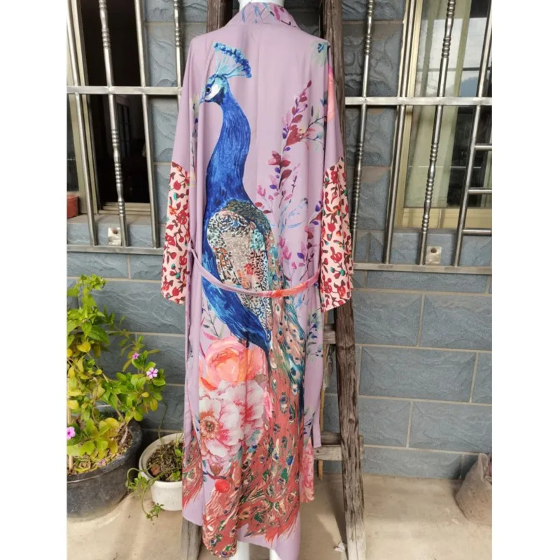 Kimono de praia feminino, Peocock Imprimir Swimsuit Cover Up, Vestidos de envoltório com cinto, Fatos de banho à beira-mar, Blusa Robe