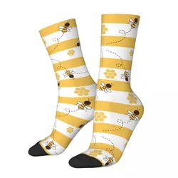 Winter Warm Harajuku Men's Women's Bee Cartoons And Honeycomb Yellow White Stripe Socks Non-slip Football Socks