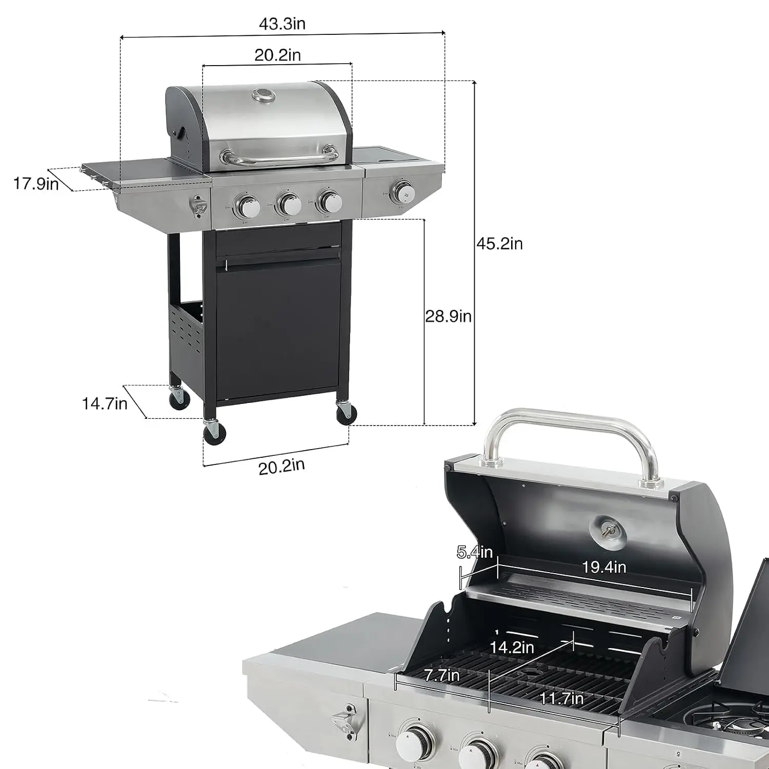 3-burner propane grill, 37,000 BTU with side-fire function. Stainless steel, enameled cast iron grate, thermometer