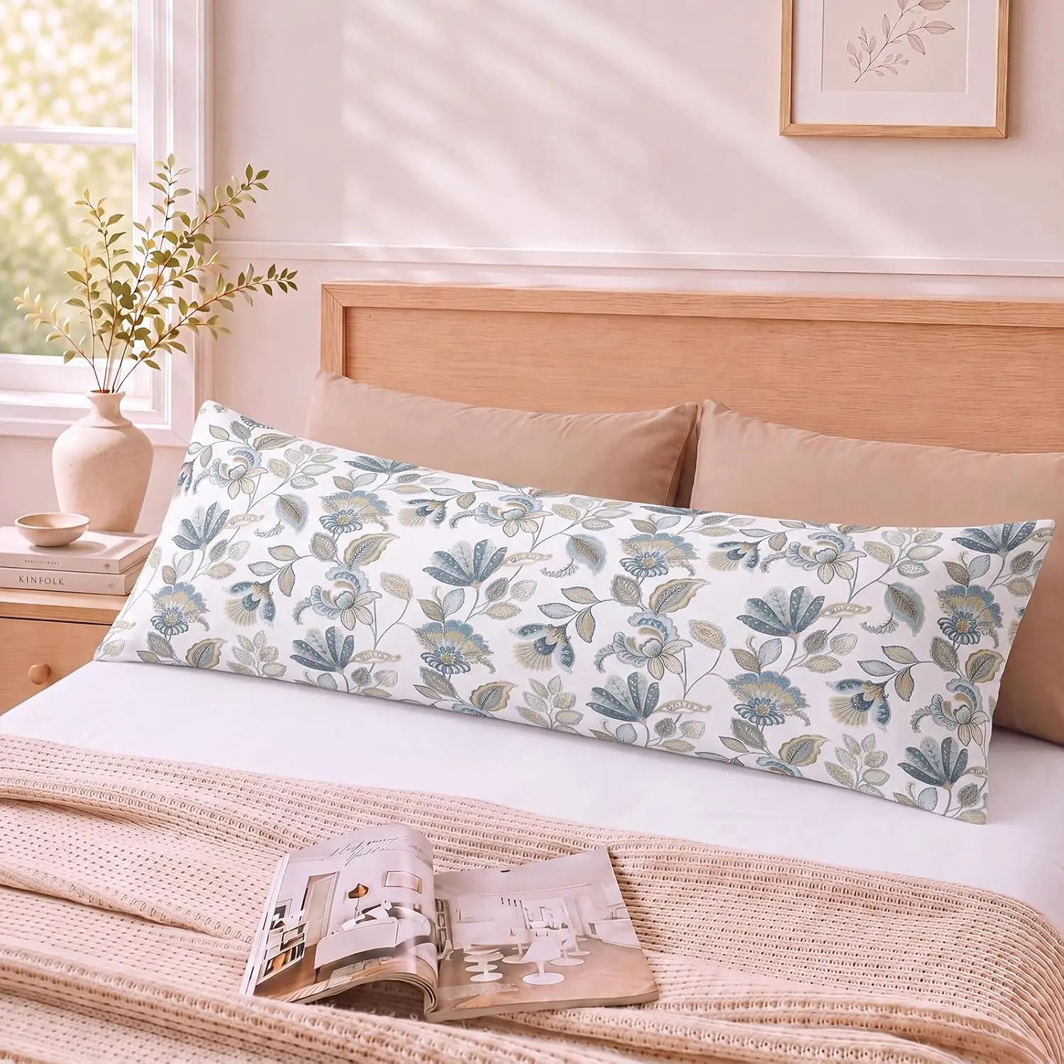 100% Cotton Body Size Pillowcase, 1-Piece Blue Botanical Pillow Case, Vintage Blue Floral, Soft Breathable French Style Envelope Closure Pillow Cover(Body, 20