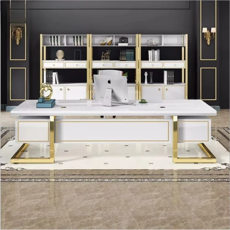Modern CEO Office Furniture White Rectangle Gold Metal Business Desk