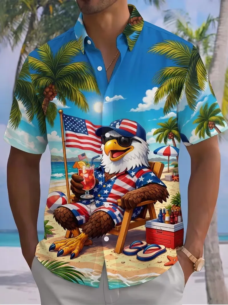 

Men's Patriotic Eagle Print Hawaiian Shirt American Flag Bald Eagle Beach Vacation Shirts Short Sleeve Casual Aloha Shirt Top