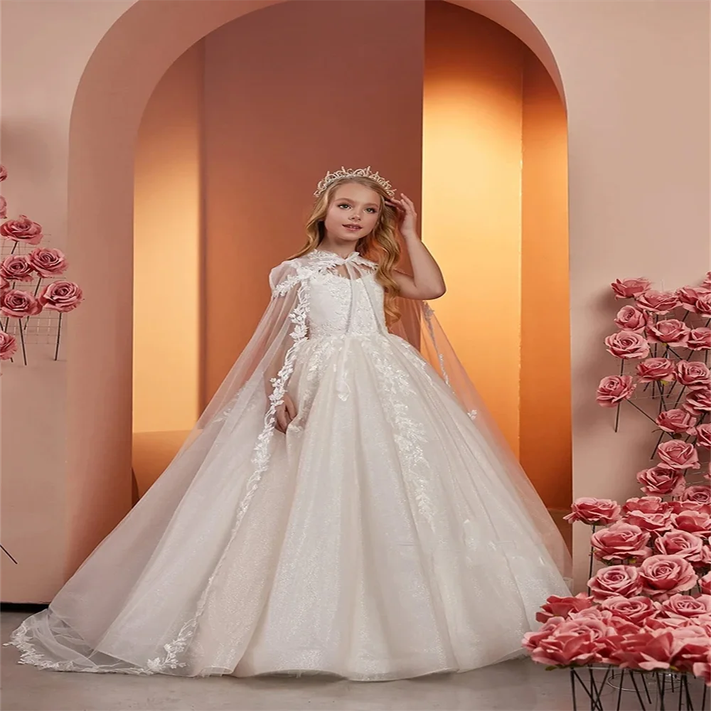 Capa fofa brilhante vestido de menina flor sem mangas para casamento renda tule com elegante princesa primeira comunhão vestidos de aniversário