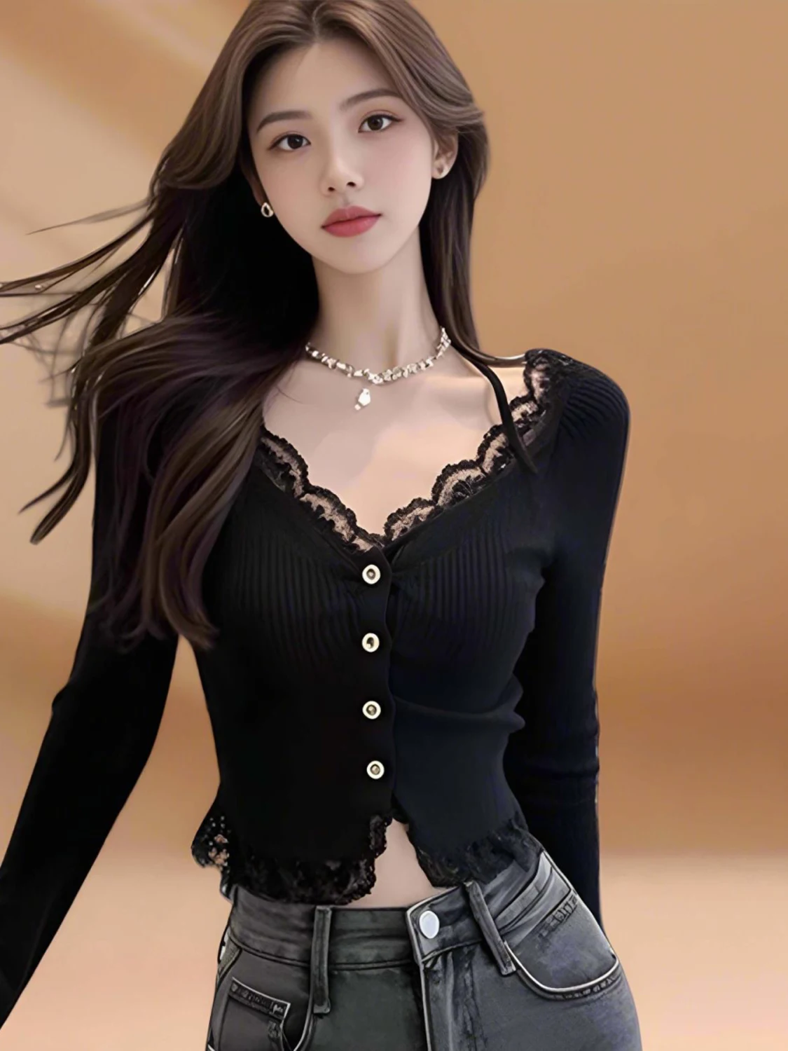 

Новый сексуальный кружевной кардиган Pure Desire с открытыми элементами, укороченный, с длинными рукавами, облегающий, с вставками, черный, в стиле Spicy Girl, базовый топ