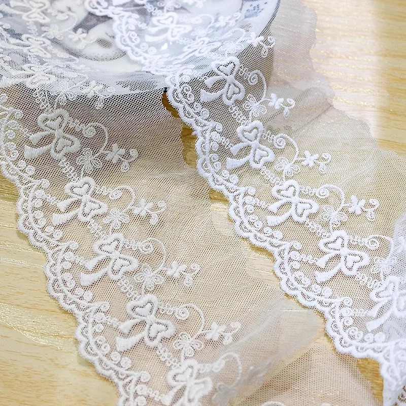 (1 yards/roll) White lace fabric 2024 high quality bow ornaments DIY wedding dresses accessories mesh embroidery