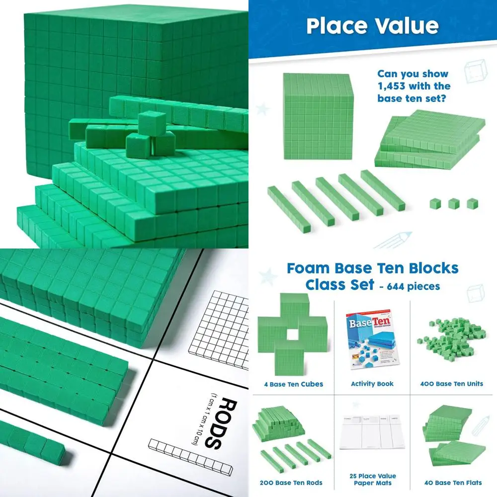 Set di 10 blocchi con base in schiuma verde: strumenti matematici per il valore del luogo completo per l'aula e l'educazione Montessori (644 pezzi)