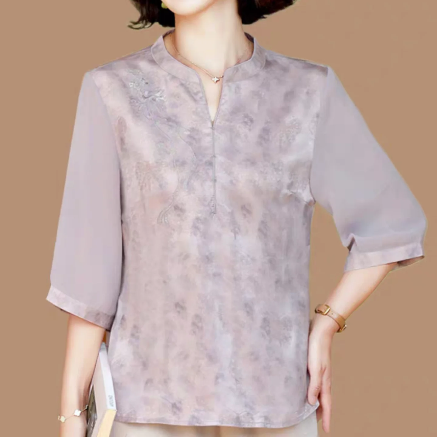 

Ele Chinese Sle ort Sve Embroidered irt Women's Faionable Summer Top Mommy's Wardrobe Straight Cut Polyester F...