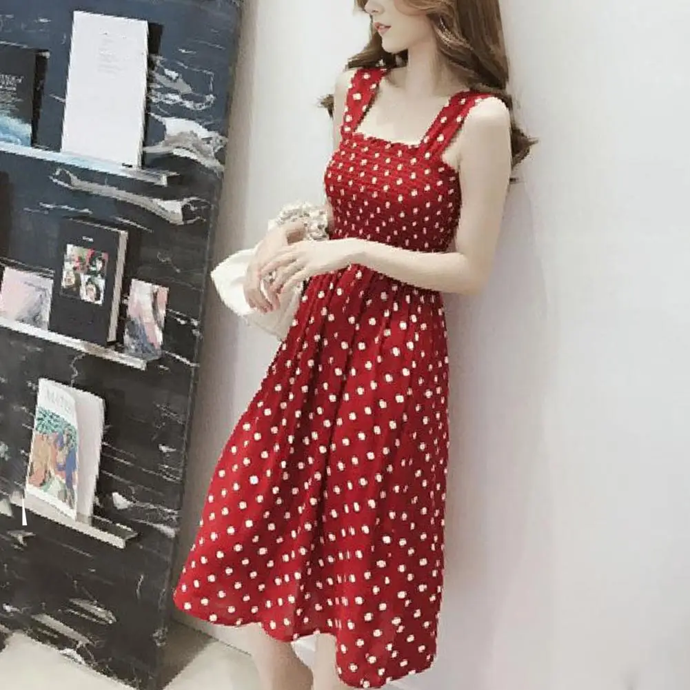 Women Slim Waist Dress Elegant Dot Print Midi Dress for Women Square Neck A-line Pleated Dress with Elastic Bust Big for Dating