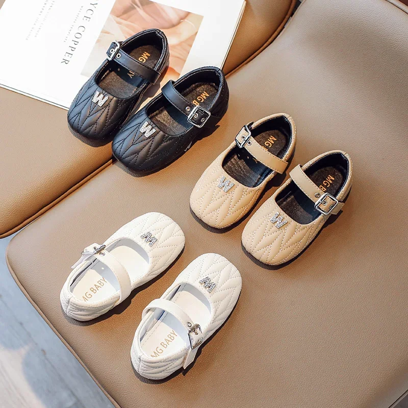 Girls Princess Leather Shoes Spring Autumn Children Letter Rhinestone Korean Style Leisure Shoes Kids Toddler Girls Shoes Flats