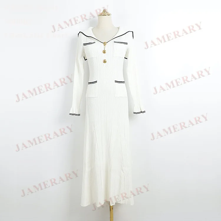 

Темно-синее расклешенное трикотажное платье с матросским воротником и длинными рукавами, женское вязаное платье-свитер, офисное черно-белое однобортное платье