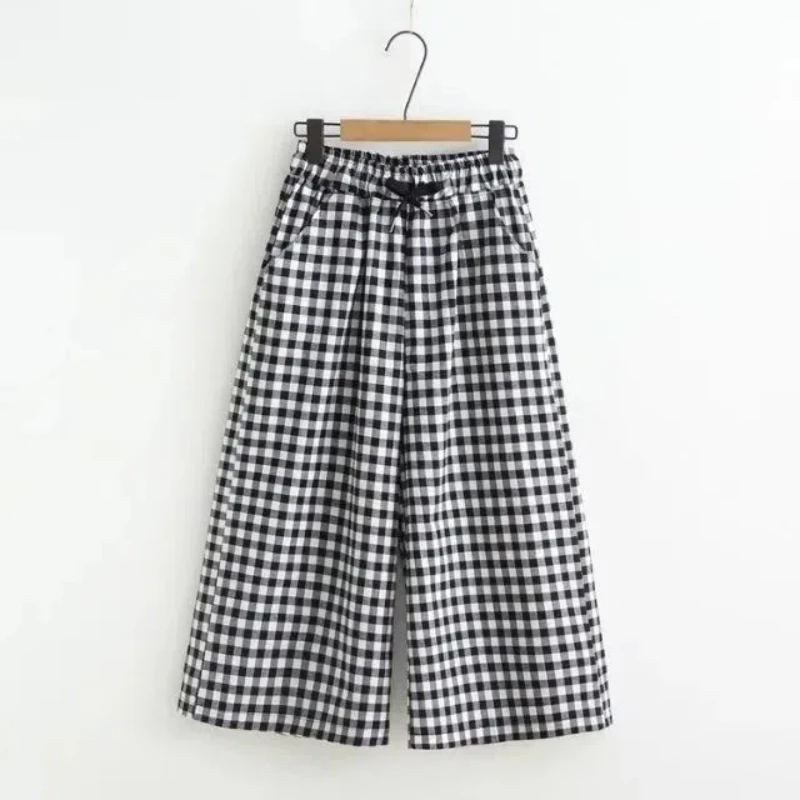 Seven Quarter Pants for Women's Summer New Elastic Waist Loose Drawstring Plaid Wide Leg Casual Pants Vintage Fashion Clothing