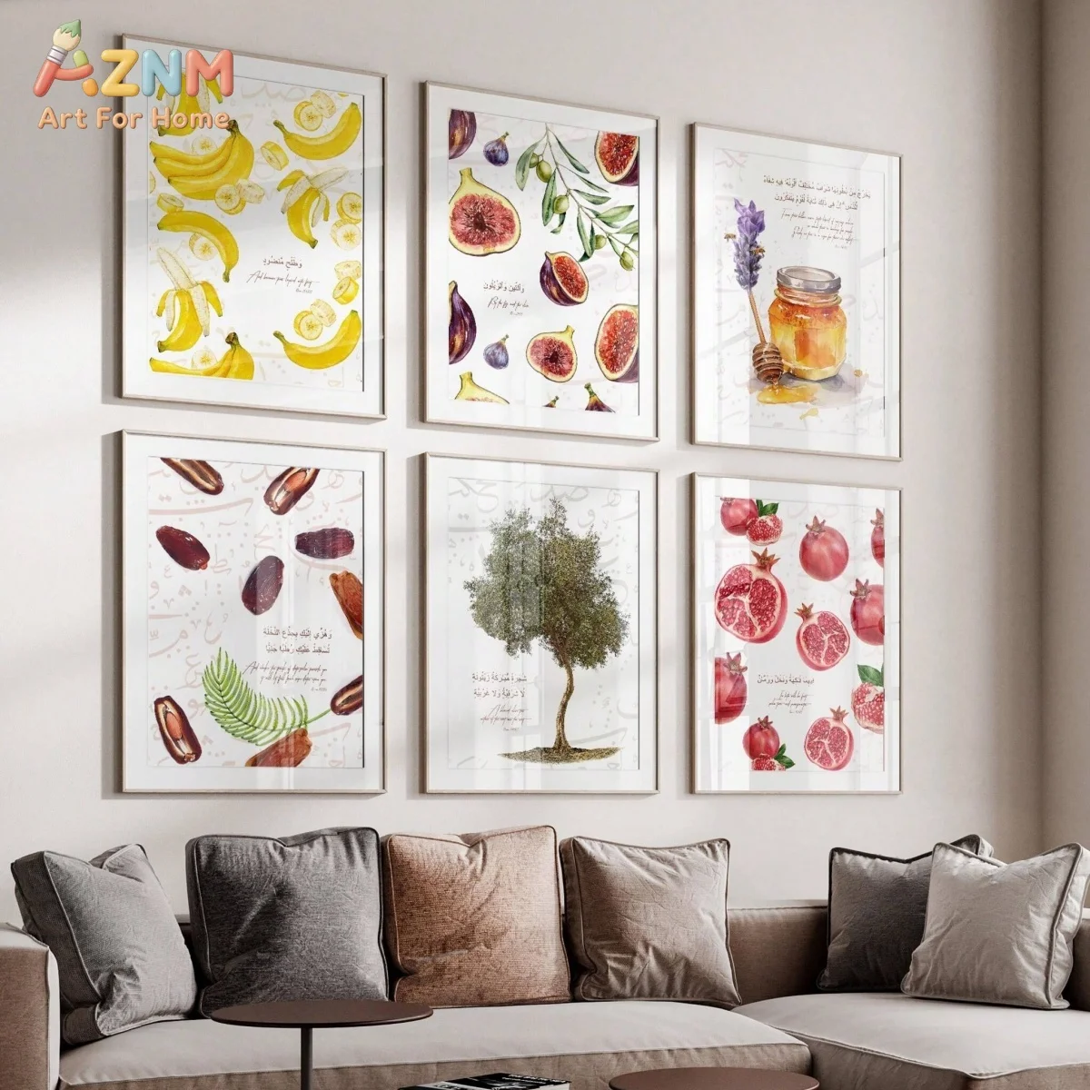 AZNM Unframed Canvas Print Watercolor Fruit & Arabic Calligraphy Wall Art Olive Tree Honey Home Decor Poster