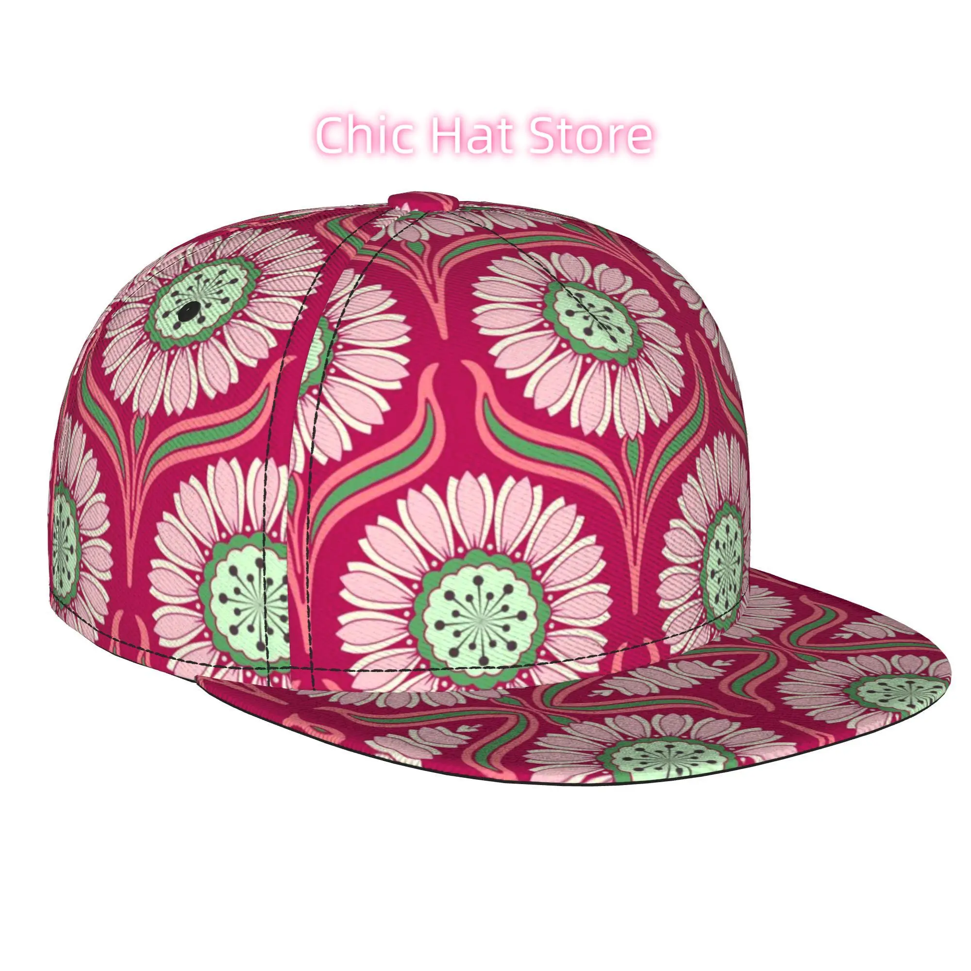 1pc Pink Floral Art Nouveau Pattern Fully Printed Hip-Hop Cap, Stylish Flat-Brimmed Baseball Cap, Trucker Caps, Baseball Caps,