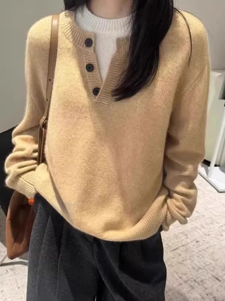 เสื้อสเวตเตอร์แคชเมียร์ปลอมแบบคอเปิดครึ่งตัว รุ่นใหม่สำหรับฤดูใบไม้ร่วงและฤดูหนาว เสื้อสเวตเตอร์ทรงหลวมสำหรับผู้หญิง แขนยาว