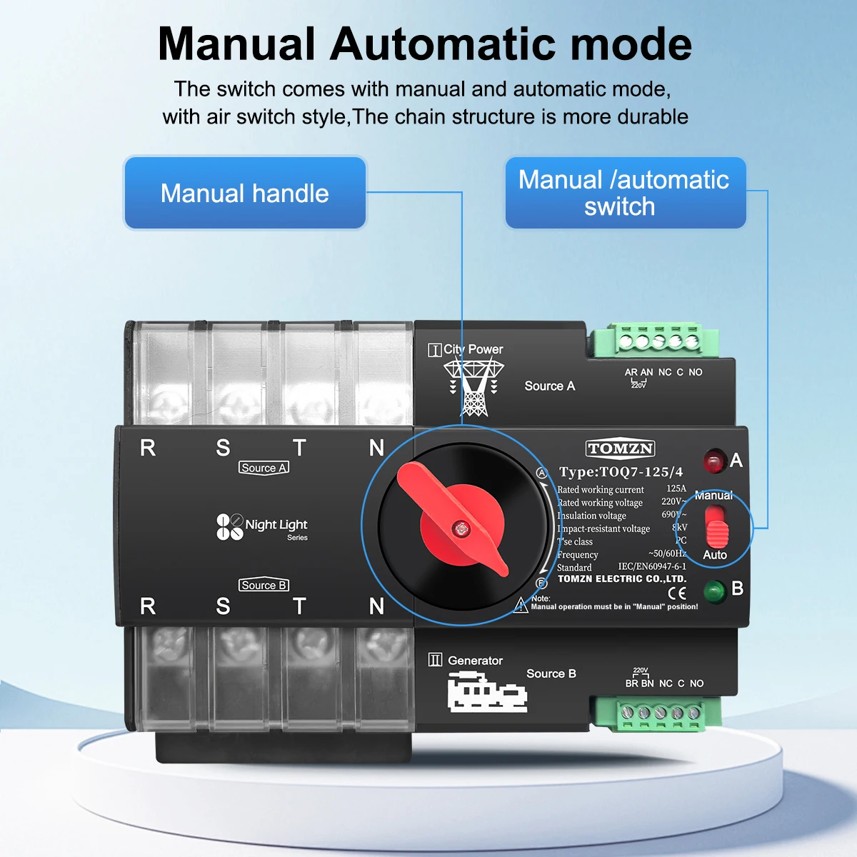 TOMZN DIN Rail 3 Phase ATS 4P 63A 100A 125A 220V 230V Dual Power Automatic Transfer Electrical Selector Switch Uninterrupted