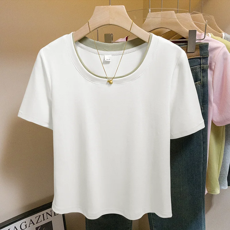

Женская летняя новая простая и модная искусственная футболка из двух частей, универсальный тонкий топ с круглым вырезом спереди и плечами