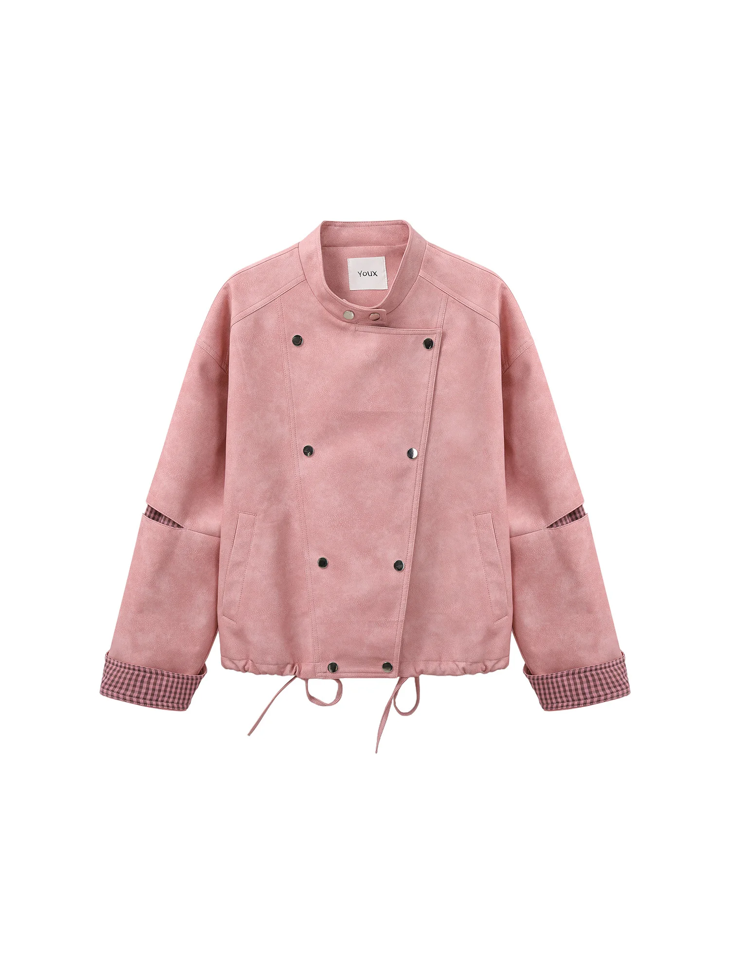 Merchinc スノープラム スタンドカラー モーターサイクルスタイル スエード ショートジャケット 2025年秋新作 チェック柄レザーコート レディースファッション