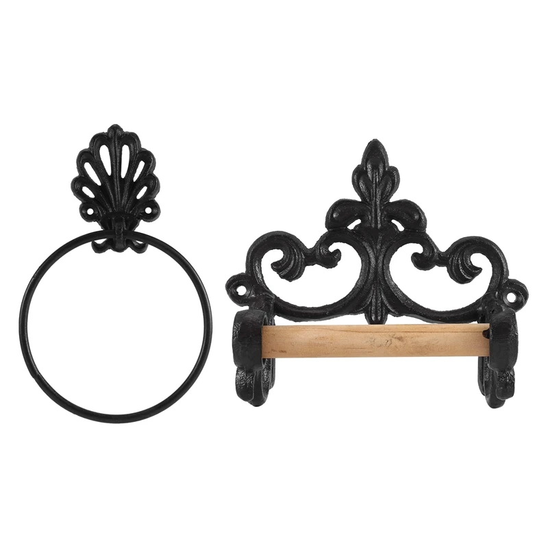 

Black Toilet Roll Holder Towel Holder Set,Bathroom Cast Iron Towel Ring Toilet Roll Holder Wall Mounted, Vintage Design