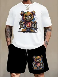 Graffiti Print Cartoon Bear Print Men's T-shirt And Shorts Set Casual Everyday Men's Short Sleeve Top Outdoor Sports Beach Short