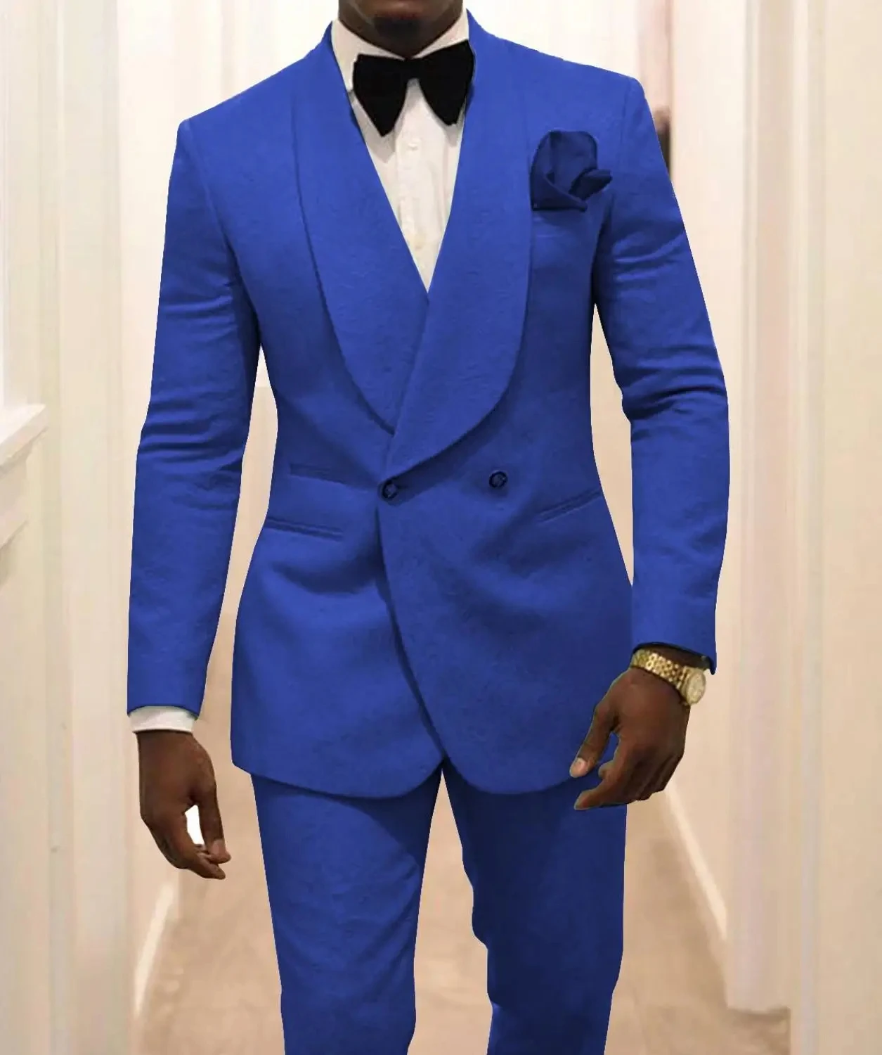 

2024 Royal Blue Jacquard Wedding Man Suit Slim Fit Custom Double Breasted Groom Tuxedo 2 Piece Set Trajes Elegante Para Hombres