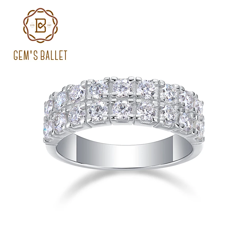 

GEM'S BALLET 925 Sterling Silver Double Row 1.08CT Round Moissanite Half Eternity Wedding Band Ring Promise Ring For Her