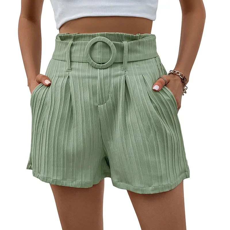 2024 Summer Women's Solid Colour Pleated Temperament Elegant Green Belt Decoration Comfortable Solid Colour Cooler Shorts